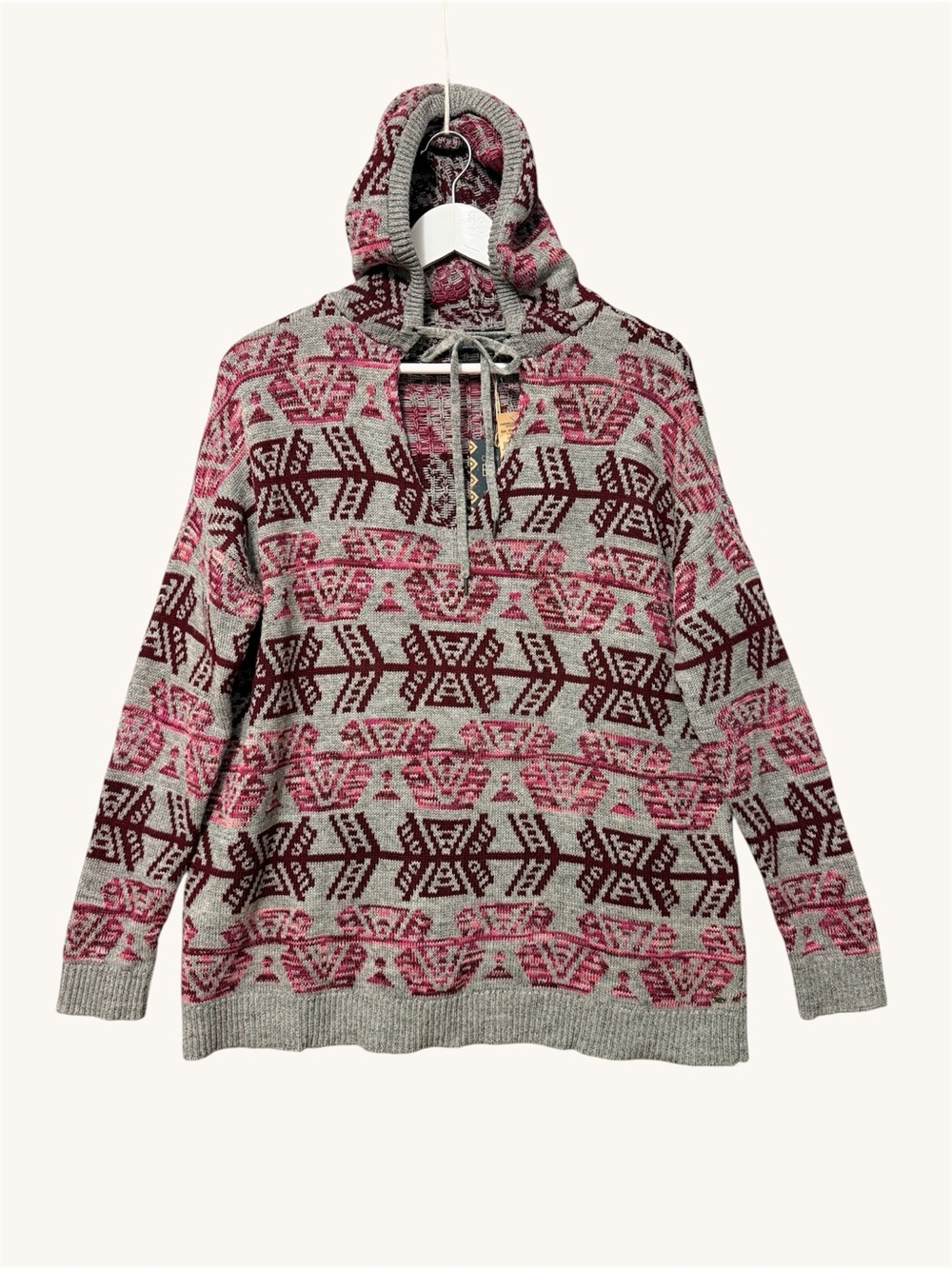 American Eagle Pullover Hooded Baja Tie Neck Sweater NWT Size Medium Gray Cotton